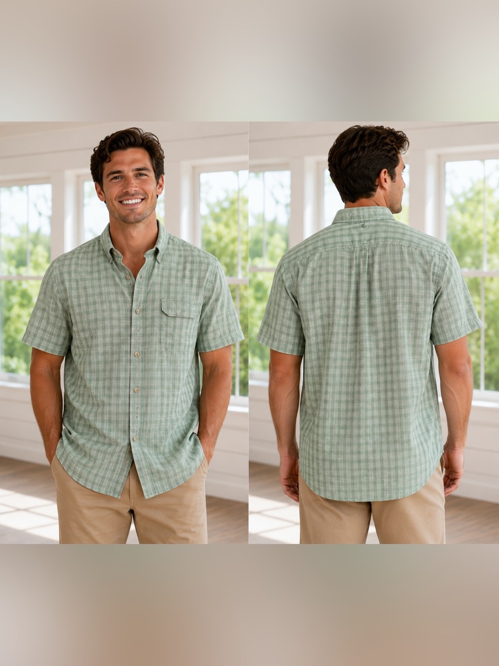 Men’s Medium Green Plaid Vented Short Sleeve Fishing Shirt - GUC